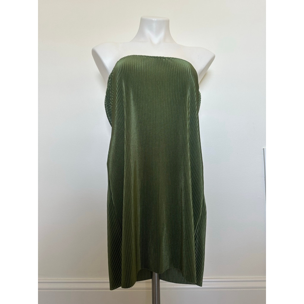 Silk Ribbed Strapless Mini Dress Olive Green Size Small